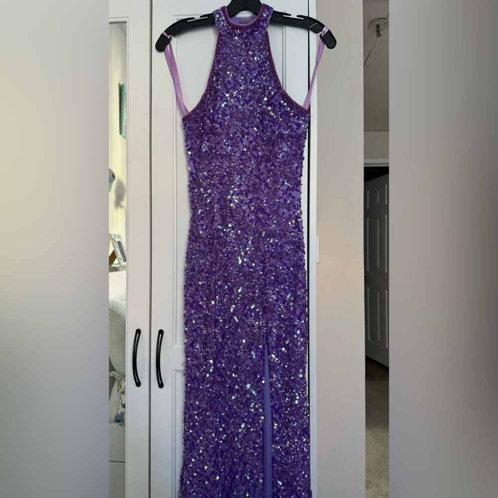 Mac Duggal sequined long purple dress open back and open leg elegant wedding 0